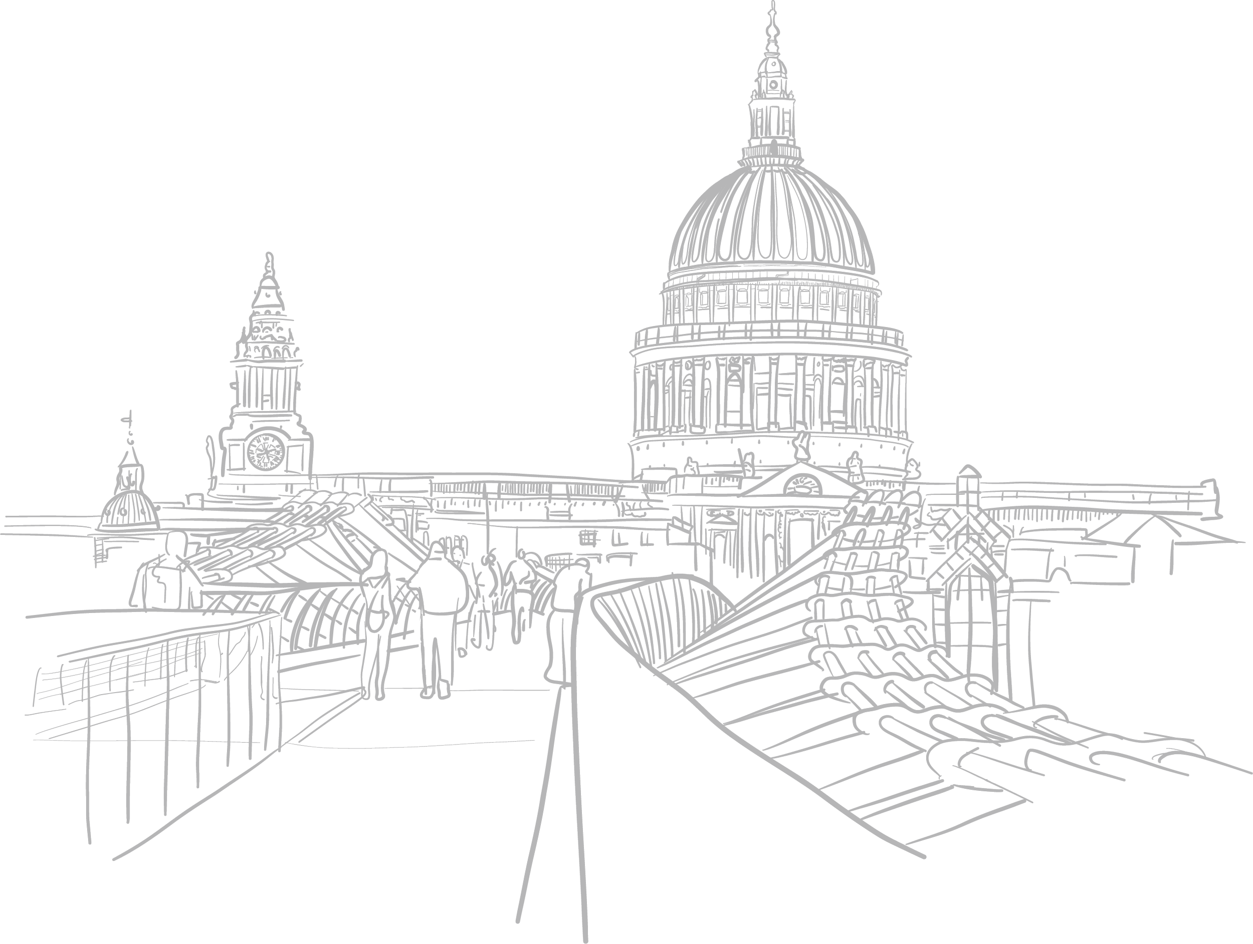 Line drawing of St. Paul's Cathedral in London with pedestrians on the Millennium Bridge.